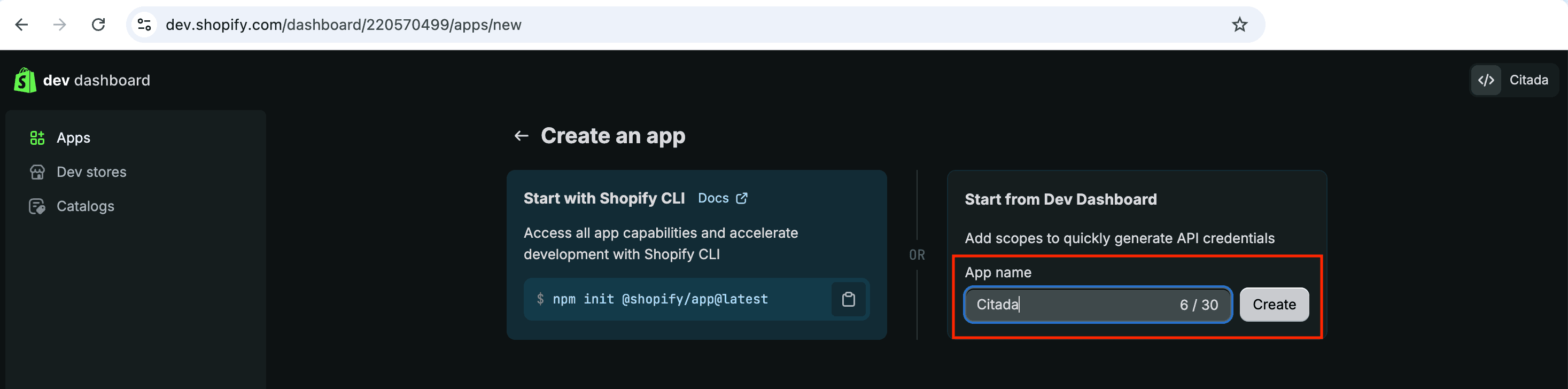 Criar app Citada