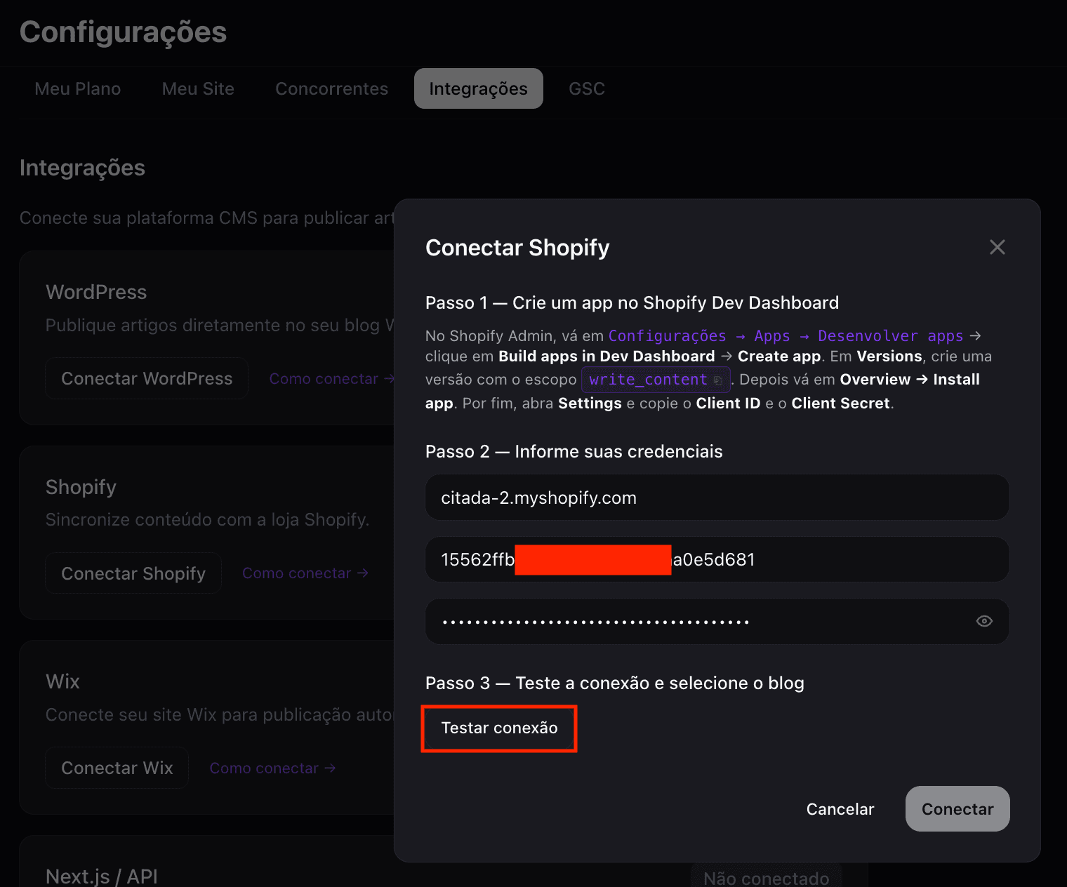 Formulário de conexão Shopify