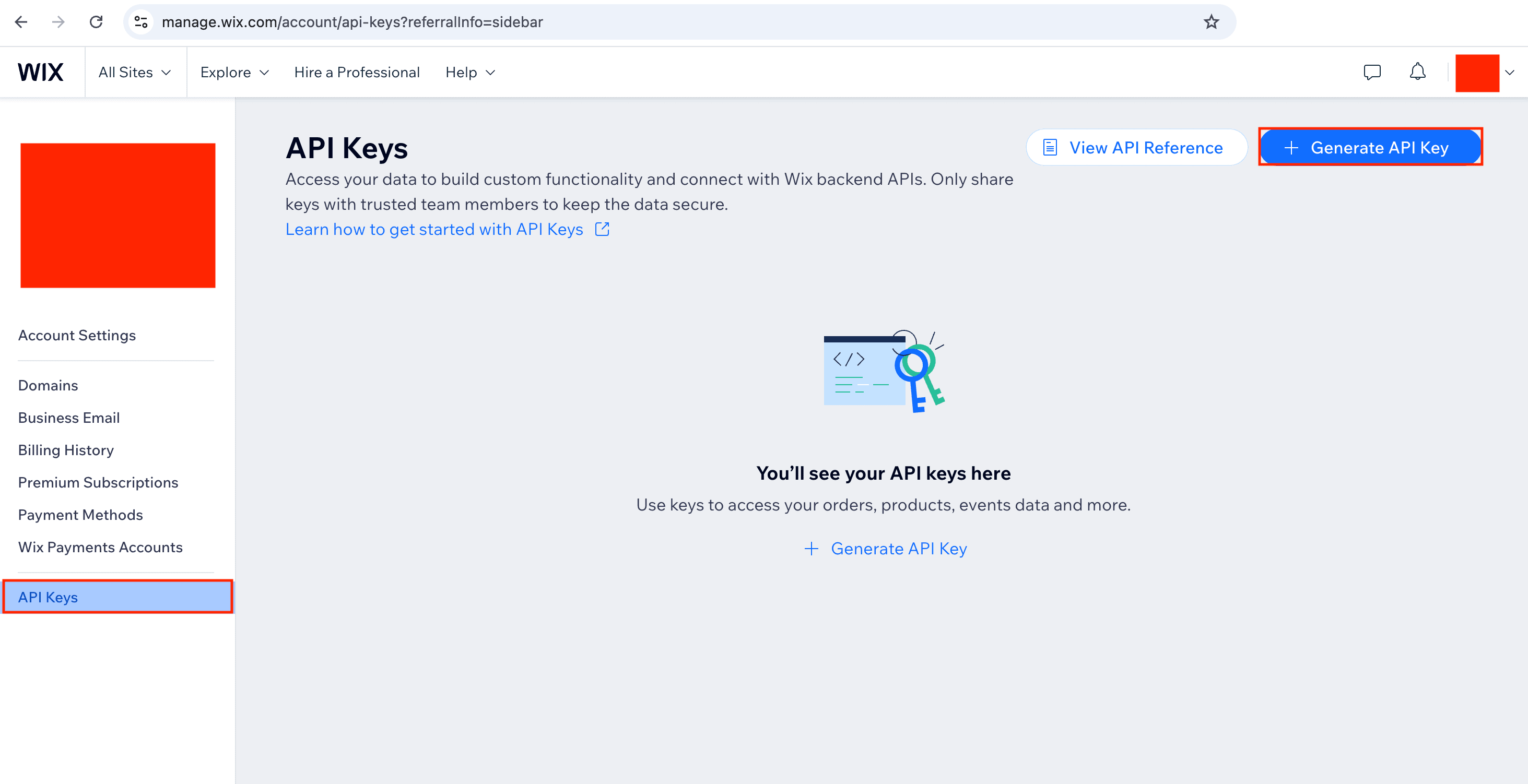 Página API Keys do Wix