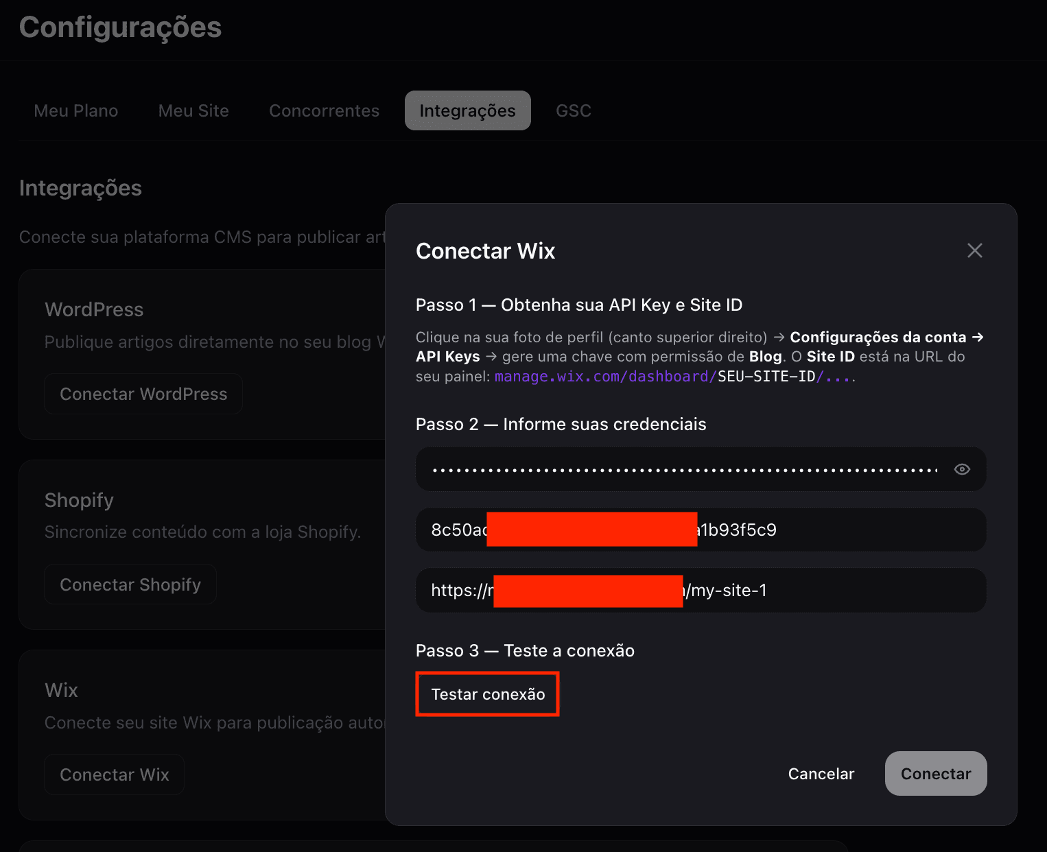 Formulário de conexão Wix na Citada