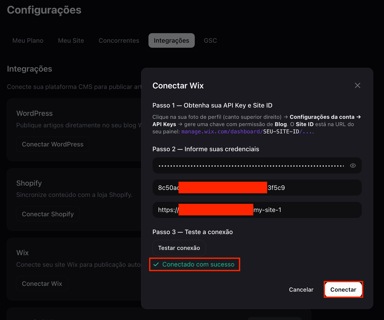 Conexão Wix confirmada