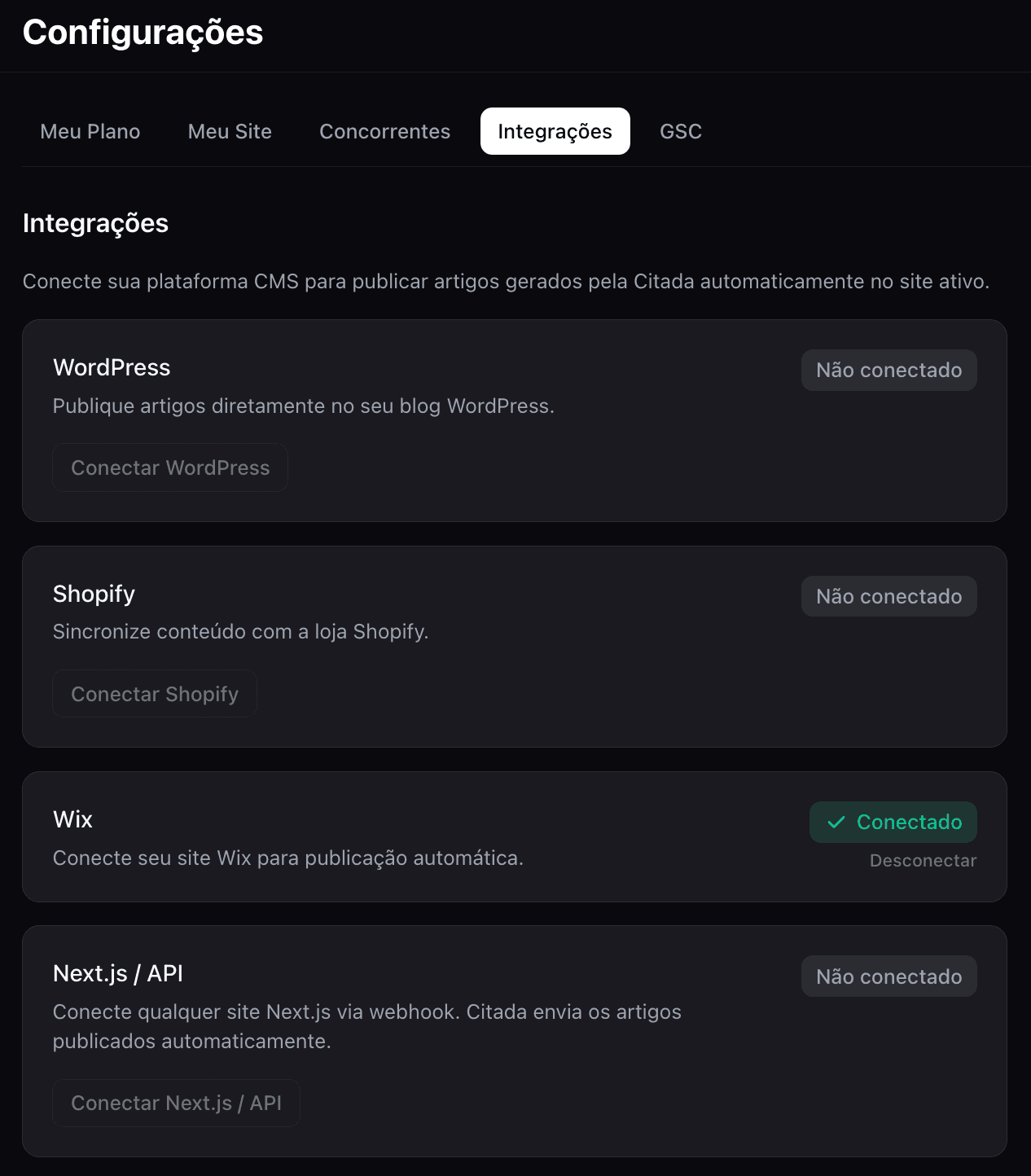 Wix conectado na Citada